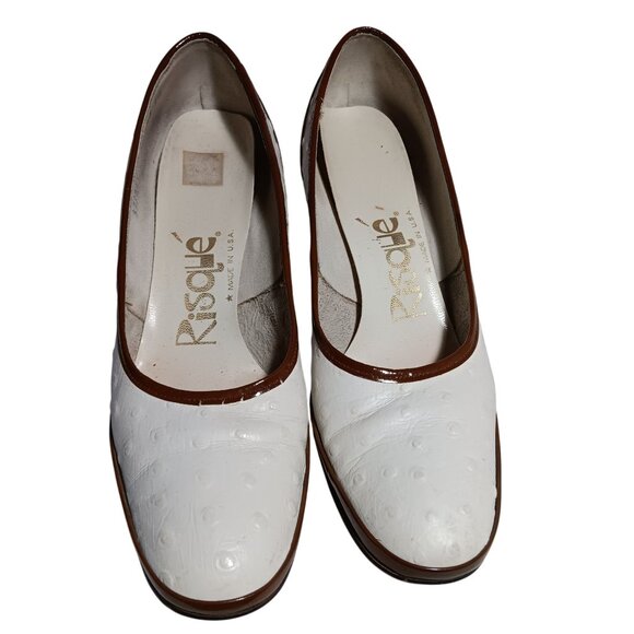 7.5 aaa N Vintage Womens Shoes PUMPS 1970s RISQUE FAUX OSTRICH 2 TONE IN BOX - Picture 3 of 11